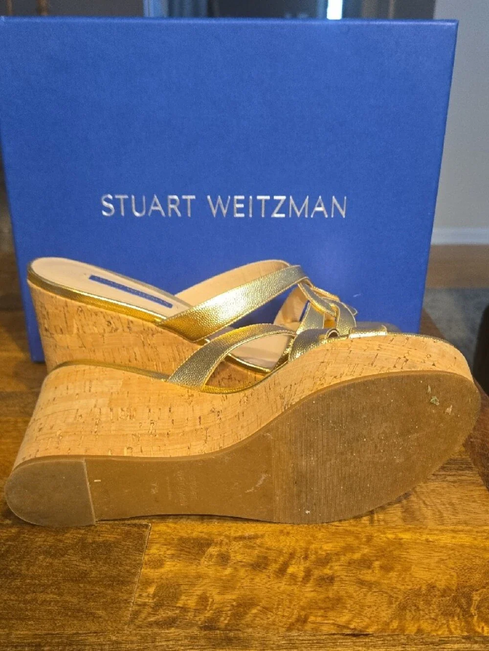 Stuart Weitzman Metallic Gold Cork Wedge Sandals - Picture 4 of 5